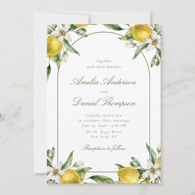 Invitación de boda con marco de limón y floral (Anverso)