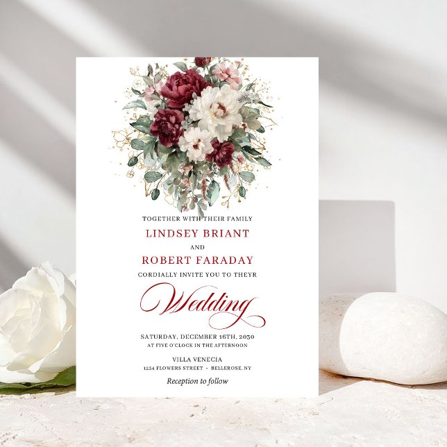 Invitación de boda con marco de oro blanco de Borg (Romantic Burgundy White Gold Frame Wedding Invite)