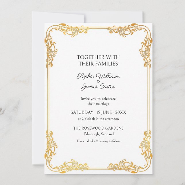 Invitación de boda con marco de oro blanco rococó (Anverso)