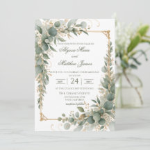 Invitación de boda con marco de oro de eucalipto