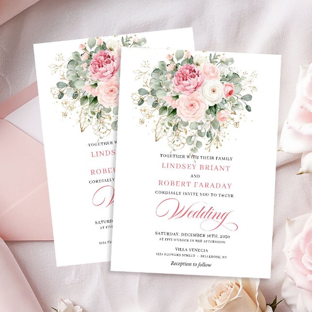 Invitación de boda con marco de oro de rosas Bohem (Bohemian Blush Roses Gold Frame Wedding Invitation)