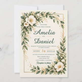 Invitación de boda con marco de oro floral marfil