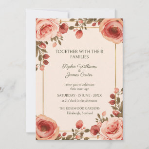 Invitación de boda con marco de oro rosa coral