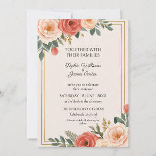 Invitación de boda con marco de oro rosa Coral Pea