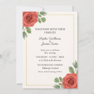 Invitación de boda con marco de oro Rosa Roja