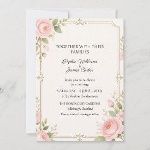 Invitación de boda con marco de oro rosa y rosa ru