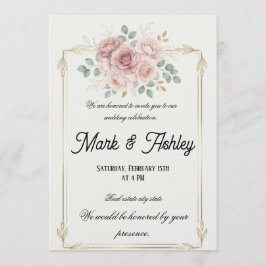Invitación de boda con marco de oro y rosa sonrosa