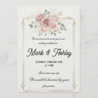 Invitación de boda con marco de oro y rosa sonrosa