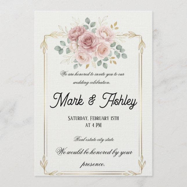 Invitación de boda con marco de oro y rosa sonrosa (Anverso)
