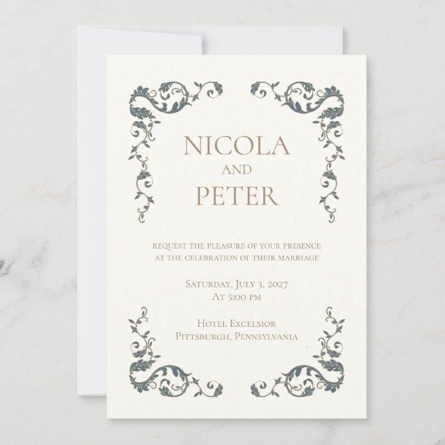 Invitación de boda con marco de rollo ornamentado  (Anverso)