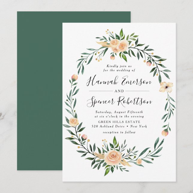 Invitación de boda con marco de rosas melocotón (Anverso / Reverso)