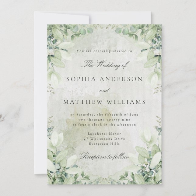 Invitación de boda con marco de vegetación románti (Anverso)