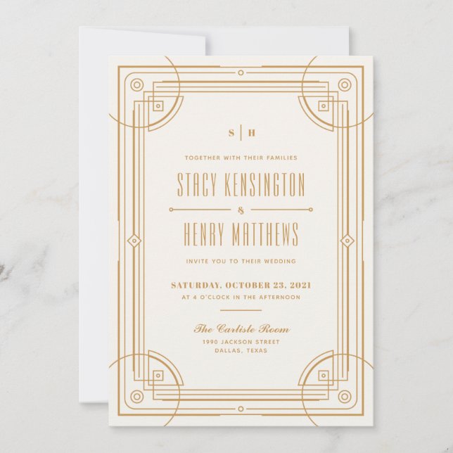 Invitación de boda con marco deco moderno - Beige (Anverso)