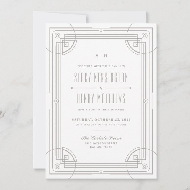 Invitación de boda con marco deco moderno - Blanco (Anverso)