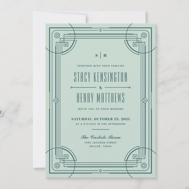 Invitación de boda con marco deco moderno - Verde (Anverso)