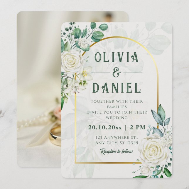 Invitación de Boda con Marco Dorado de Eucalipto B (Anverso / Reverso)