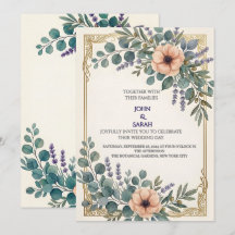 Invitación de boda con marco dorado de eucalipto y
