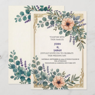 Invitación de boda con marco dorado de eucalipto y