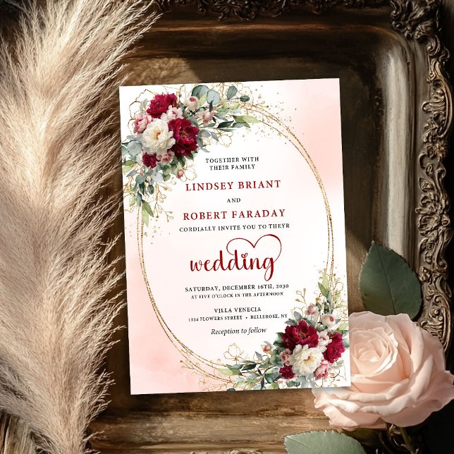 Invitación de boda con marco dorado floral de Borg (Romantic Burgundy Floral Gold Frame Wedding Invite)