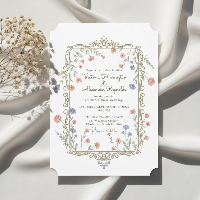 Invitación de boda con marco dorado floral románti (Romantic floral wedding invitation with delicate gold frame)