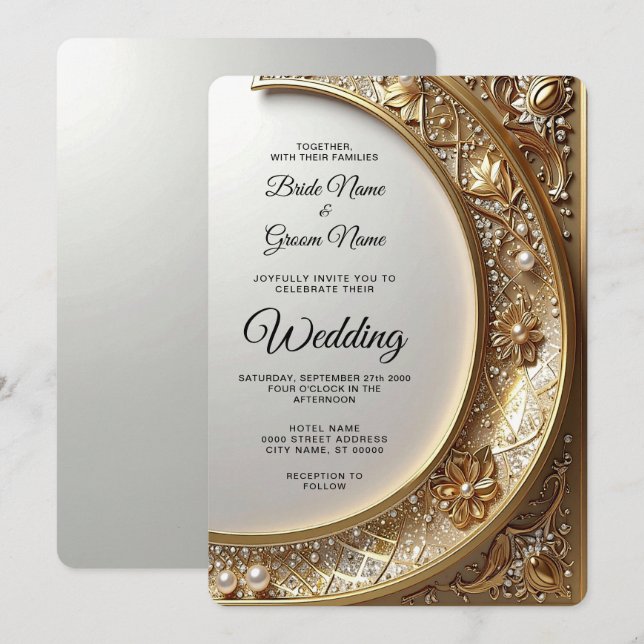 Invitación de boda con marco dorado ornamentado (Anverso / Reverso)
