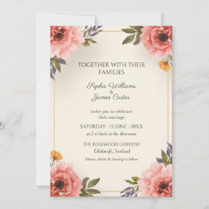 Invitación de boda con marco dorado y anemona rosa