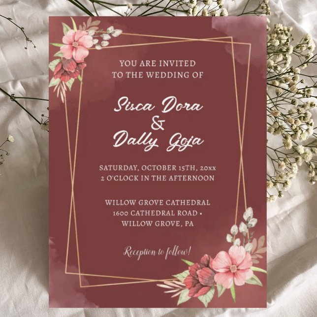 Invitación de boda con marco dorado y floral borgo (Subido por el creador)