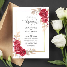 Invitación de Boda con Marco Dorado y Floral Rojo 