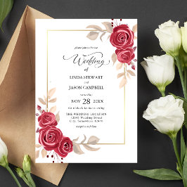 Invitación de Boda con Marco Dorado y Floral Rojo