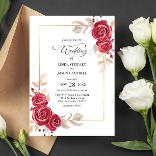Invitación de Boda con Marco Dorado y Floral Rojo 