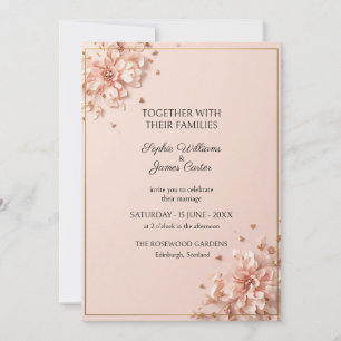 Invitación de boda con marco dorado y floral rosa