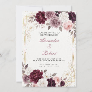 Invitación de boda con marco dorado y peonía borgo