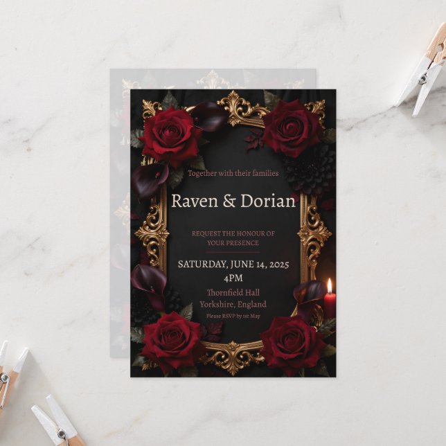 Invitación de boda con marco dorado y rosas rojas  (Anverso/Reverso In Situ)
