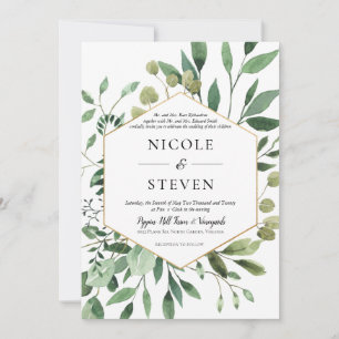 Invitación de boda con marco dorado y vegetación e