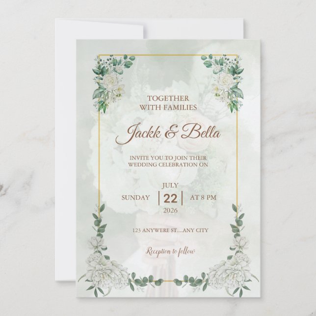 Invitación de boda con marco dorado y vegetación e (Anverso)
