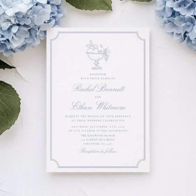 Invitación de boda con marco elegante azul y blanc (Subido por el creador)