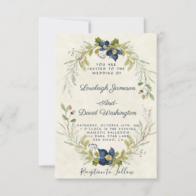 Invitación de boda con marco floral azul (Anverso)