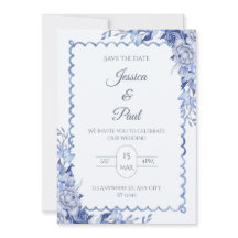 Invitación de boda con marco floral azul elegante