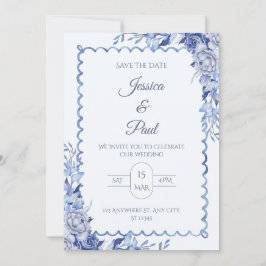 Invitación de boda con marco floral azul elegante