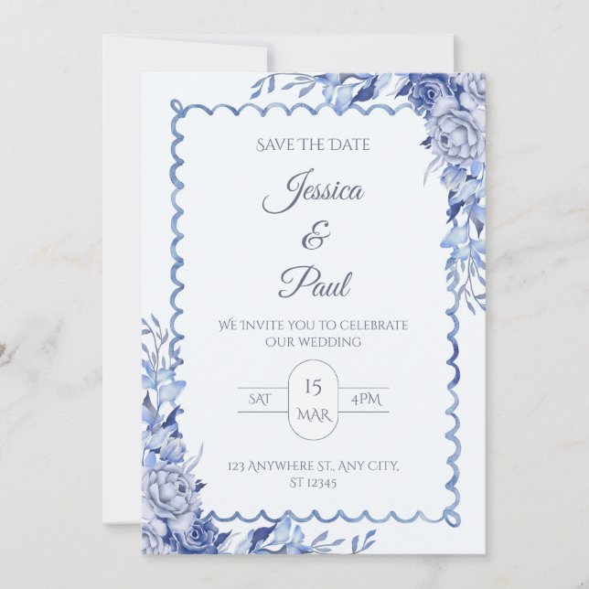 Invitación de boda con marco floral azul elegante (Anverso)