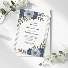 Invitación de boda con marco floral azul oscuro