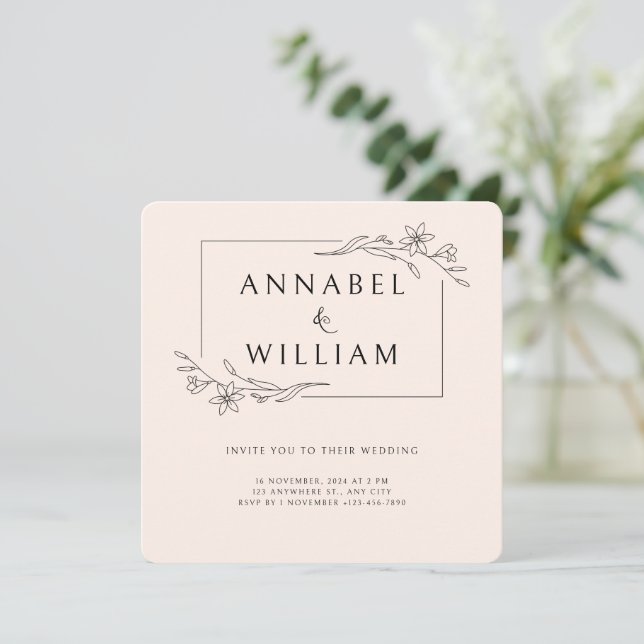 Invitación de boda con marco floral boho negro ros (Anverso de pie)