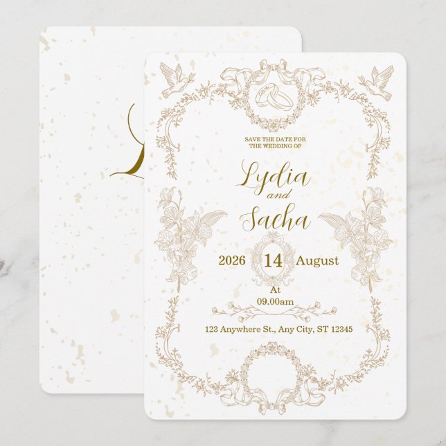 Invitación de boda con marco floral elegante vinta (Anverso / Reverso)