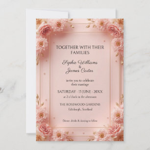 Invitación de boda con marco floral en rosa dorado