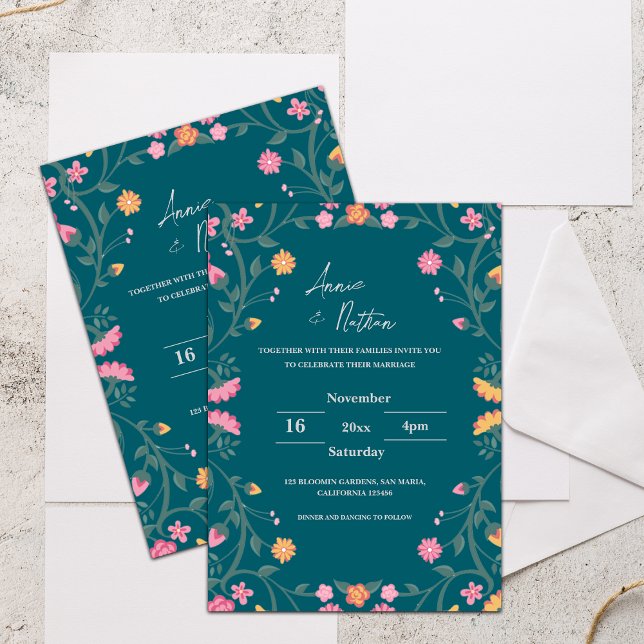 Invitación de Boda con Marco Floral Intricado Verd (Green Intricate Floral Frame Wedding Invitation)