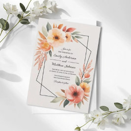 Invitación de boda con marco floral naranja atarde