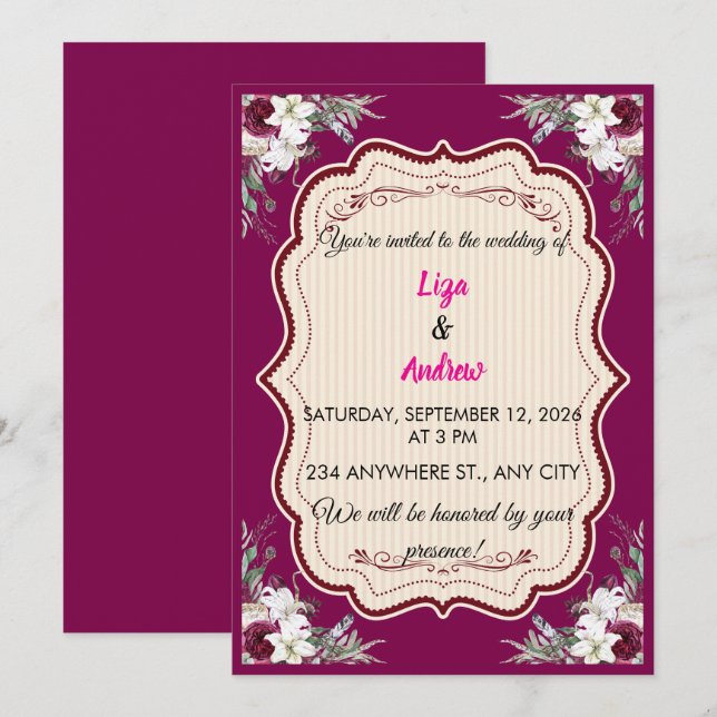 Invitación de boda con marco floral ornamentado (Anverso / Reverso)