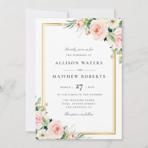 invitación de boda con marco floral sonrosado enca