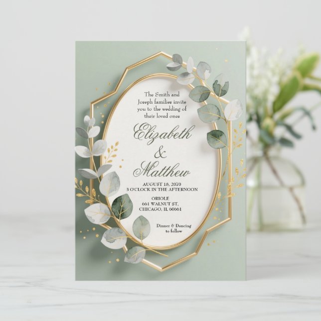 Invitación de boda con marco geométrico de eucalip (Anverso de pie)