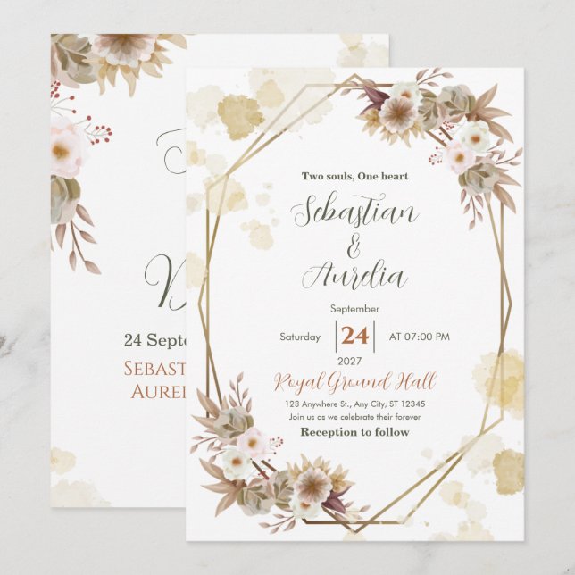 Invitación de boda con marco geométrico de marfil  (Anverso / Reverso)